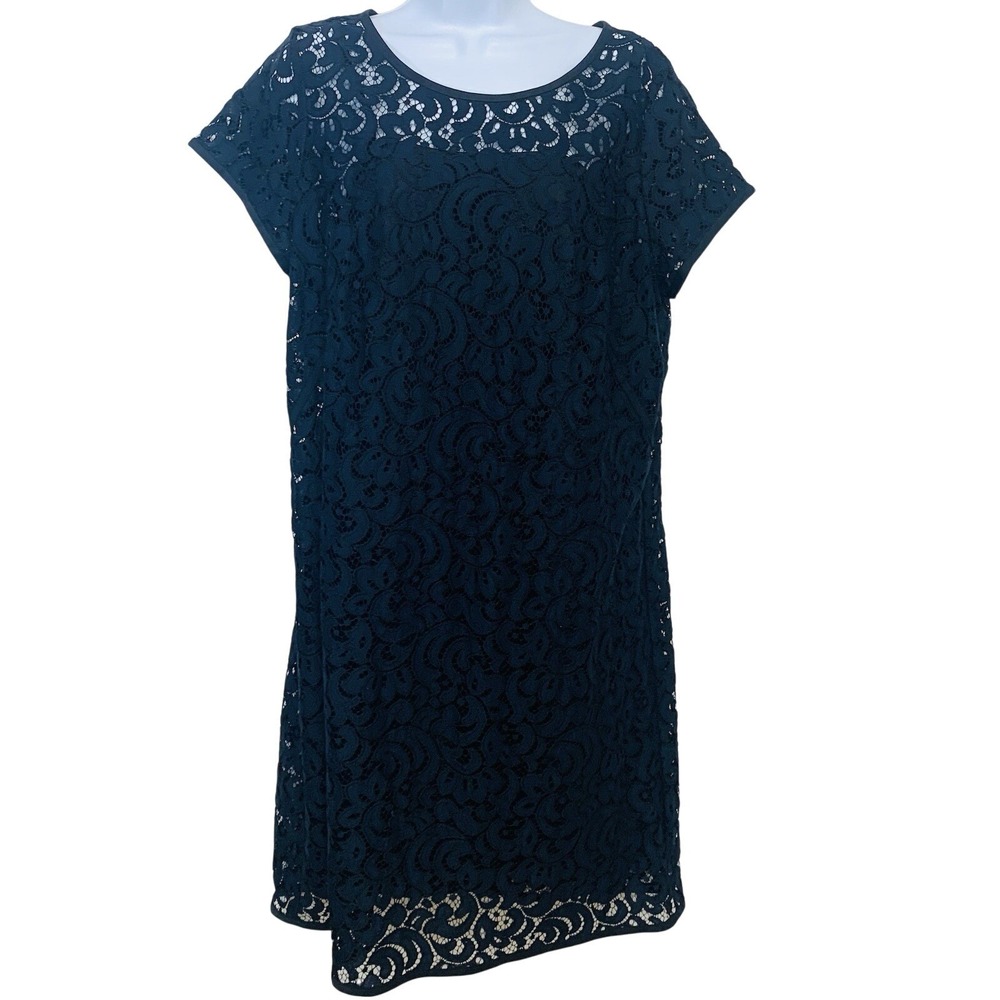 LOFT  Black Lace‎ Shift Dress Size 14 Short Sleeve Knee Length Capsule Event